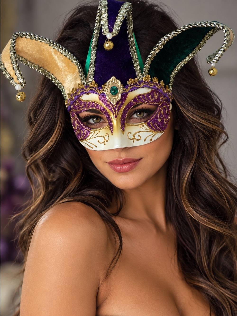 Venetian Purple & Gold Masquerade Eye Mask with Green Jewel